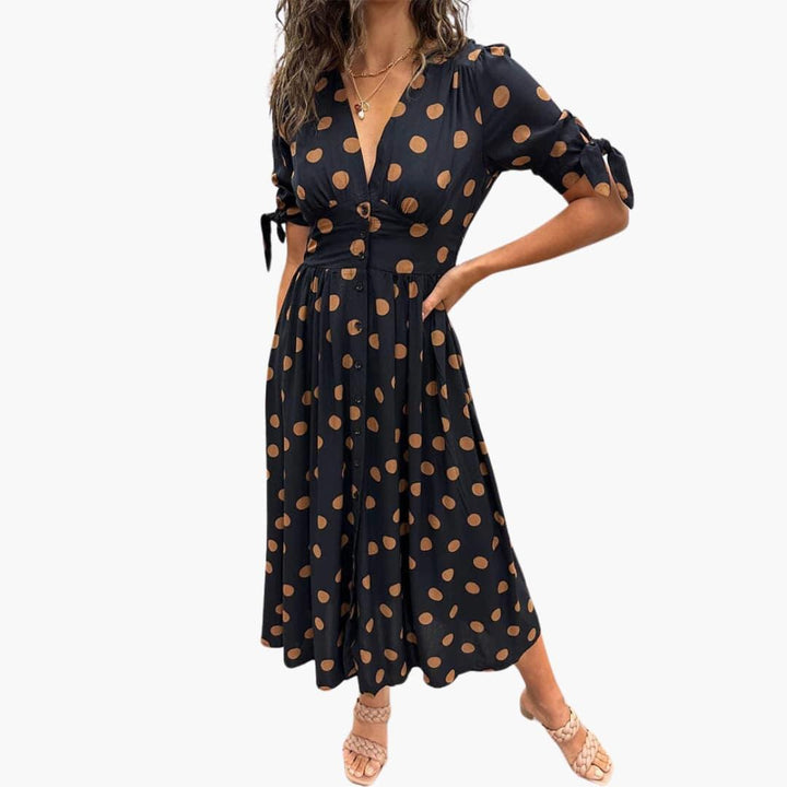 Damen Polka Dots Kleid – Midi Sommerkleid mit Knöpfen