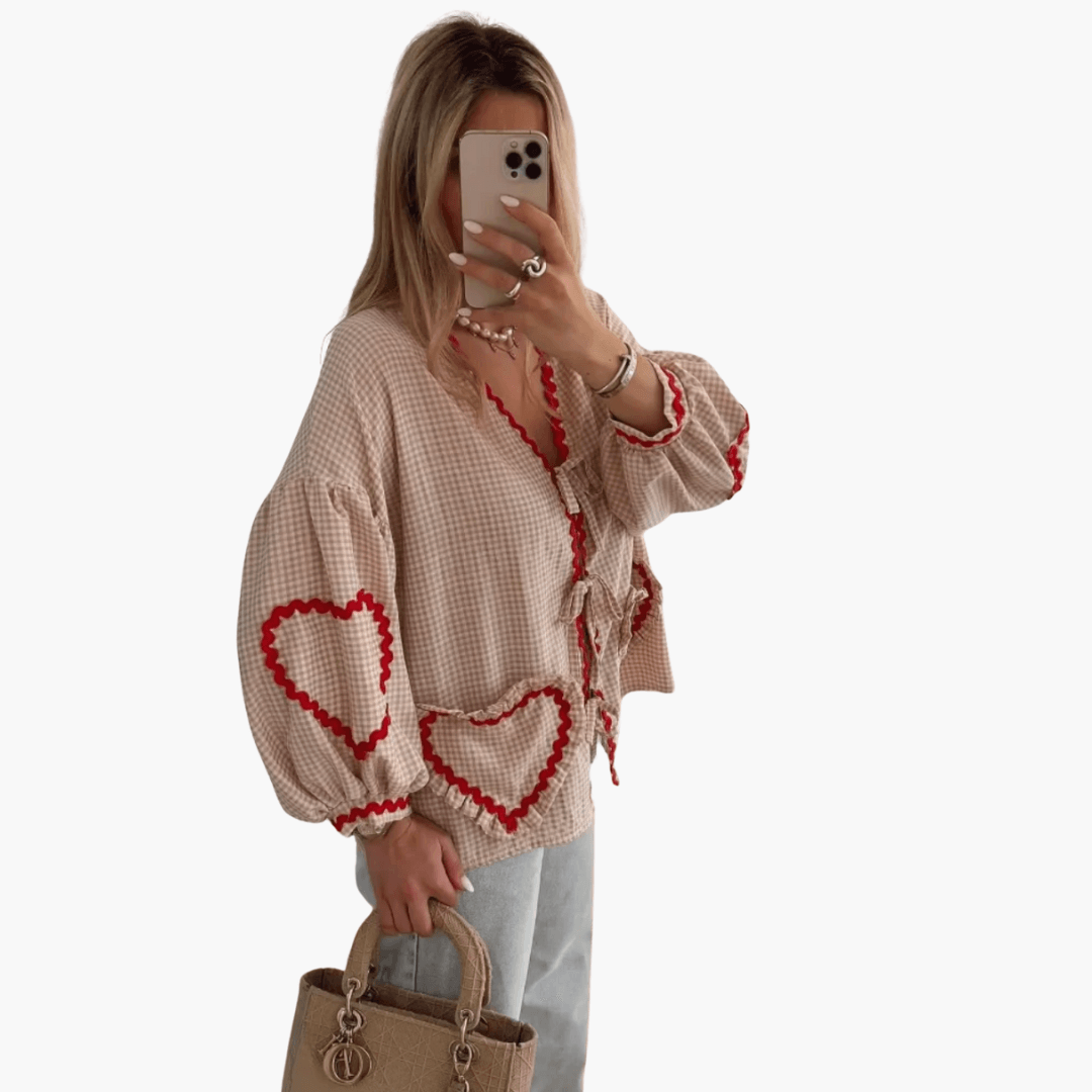 Damen Gingham Bluse mit Herz Taschen – Sommer Bluse