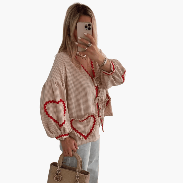 Damen Gingham Bluse mit Herz Taschen – Sommer Bluse