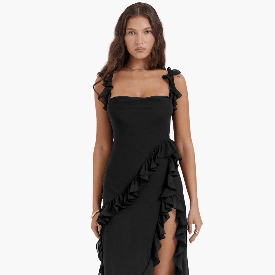 Rüschen Sommerkleid für Damen – Maxikleid mit hohem Schlitz