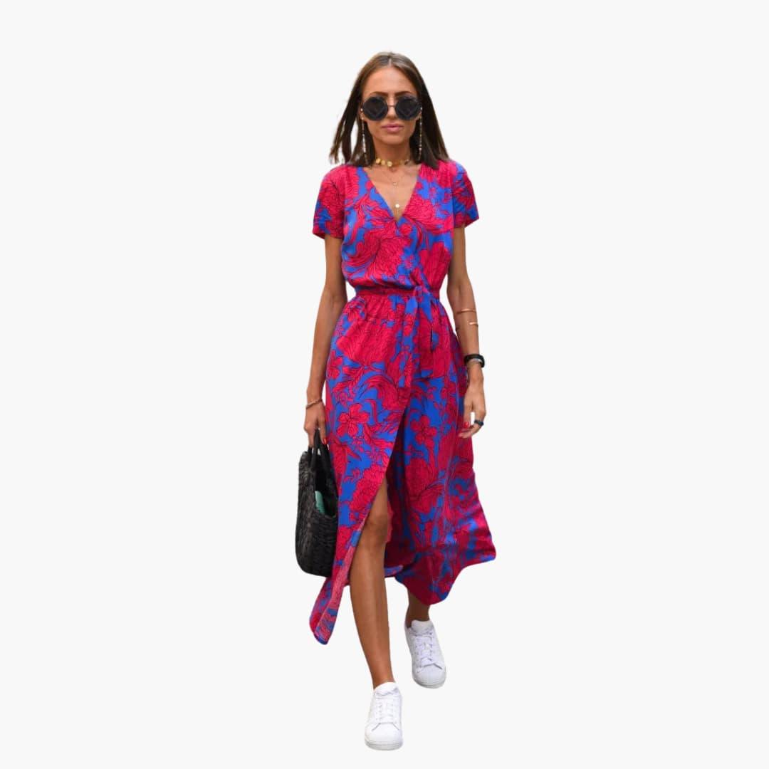 Blumen Wrap-Kleid Damen – Sommerkleid mit Taillengürtel