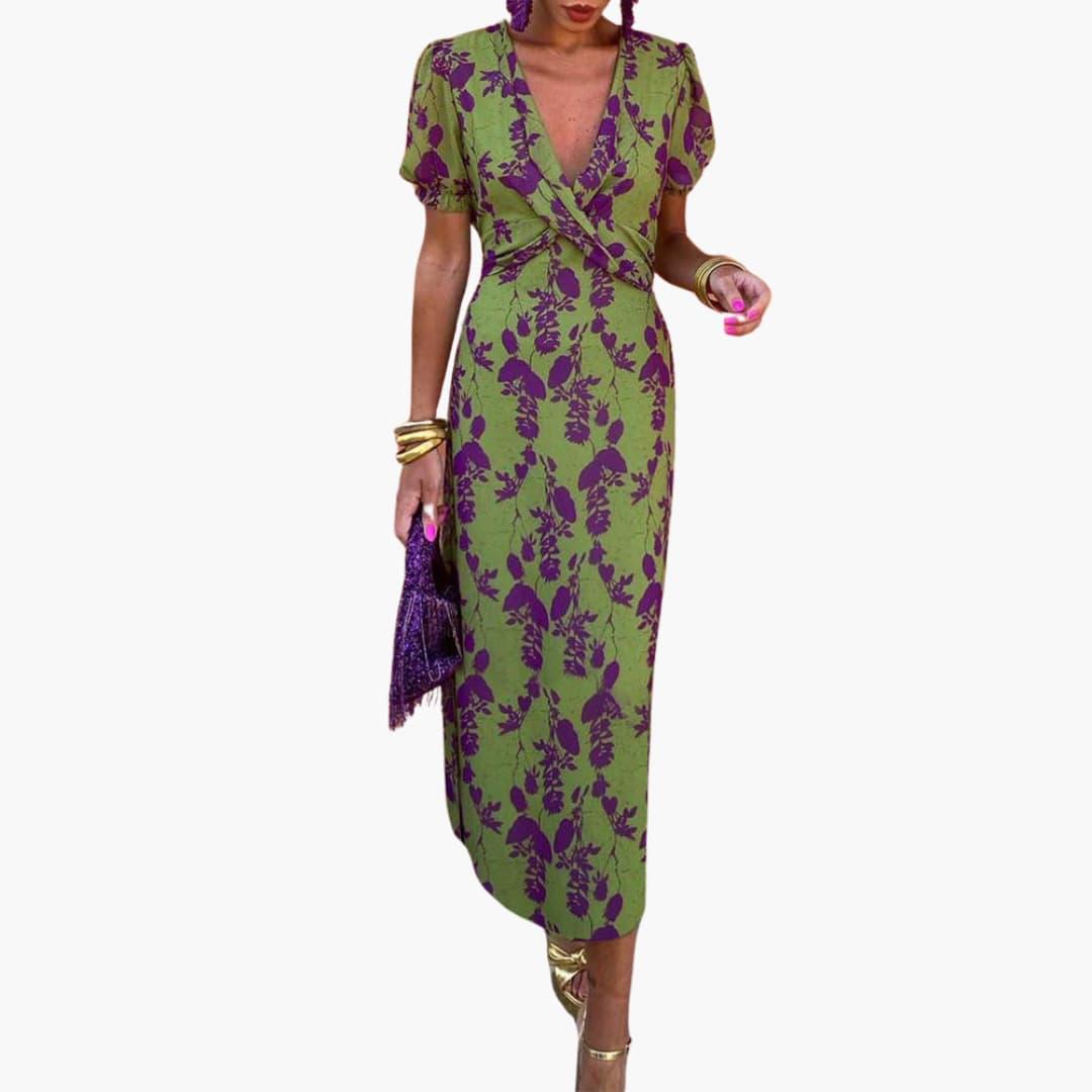 Damen Blumenkleid im Wickelstil – Sommerkleid mit V-Ausschnitt