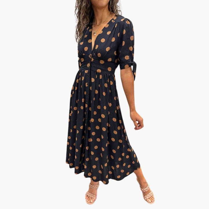Damen Polka Dots Kleid – Midi Sommerkleid mit Knöpfen
