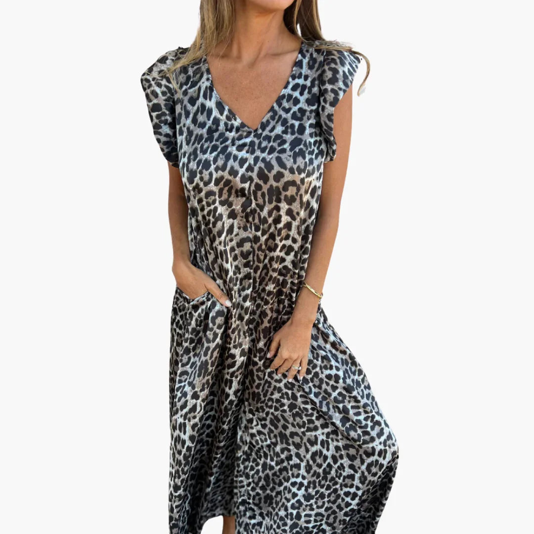 Leopardenmuster Maxikleid mit V-Ausschnitt für Damen