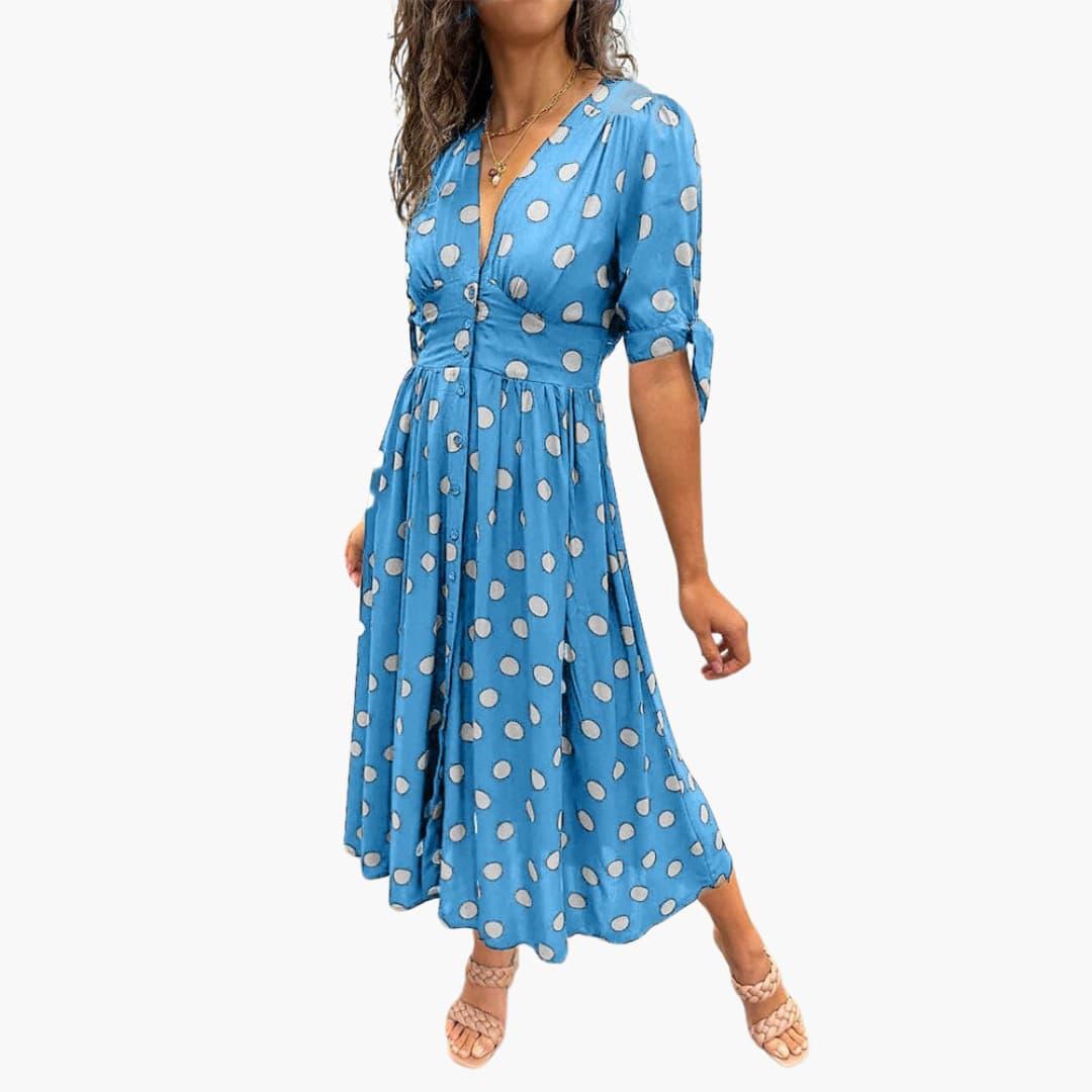 Damen Polka Dots Kleid – Midi Sommerkleid mit Knöpfen