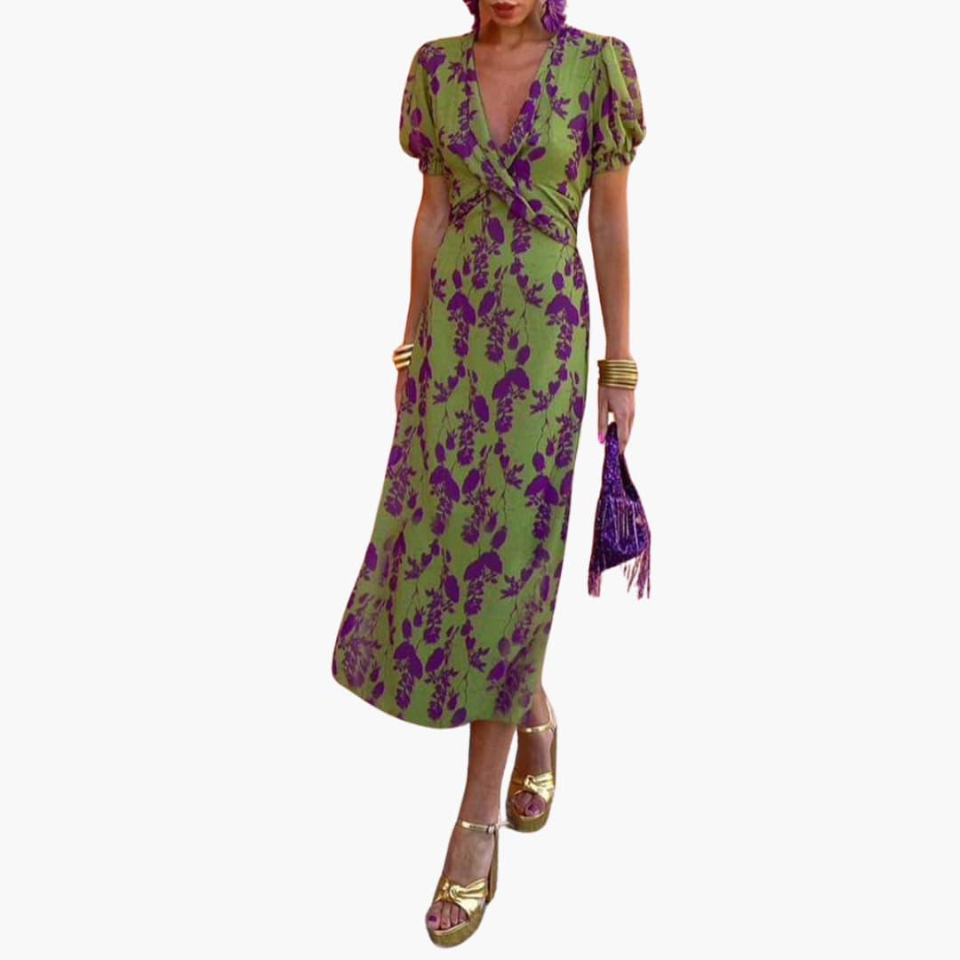 Damen Blumenkleid im Wickelstil – Sommerkleid mit V-Ausschnitt
