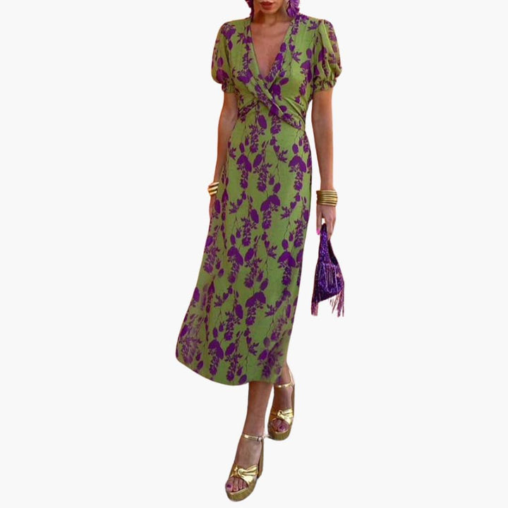 Damen Blumenkleid im Wickelstil – Sommerkleid mit V-Ausschnitt