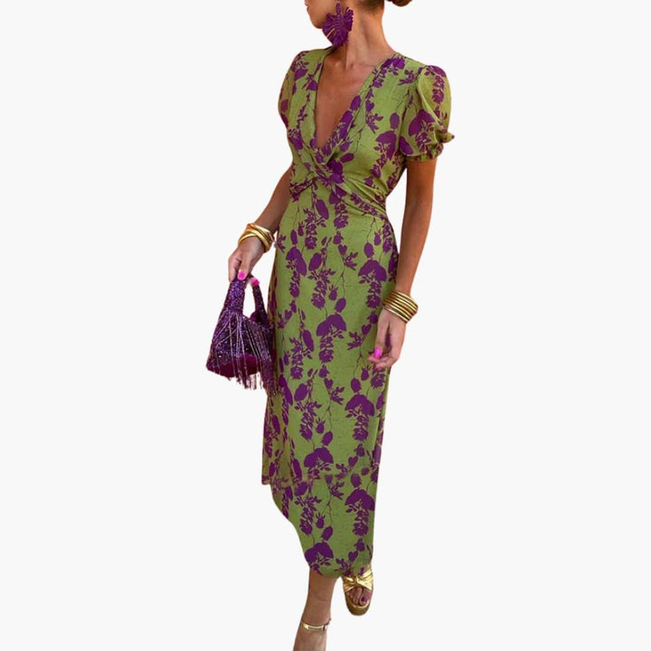 Damen Blumenkleid im Wickelstil – Sommerkleid mit V-Ausschnitt