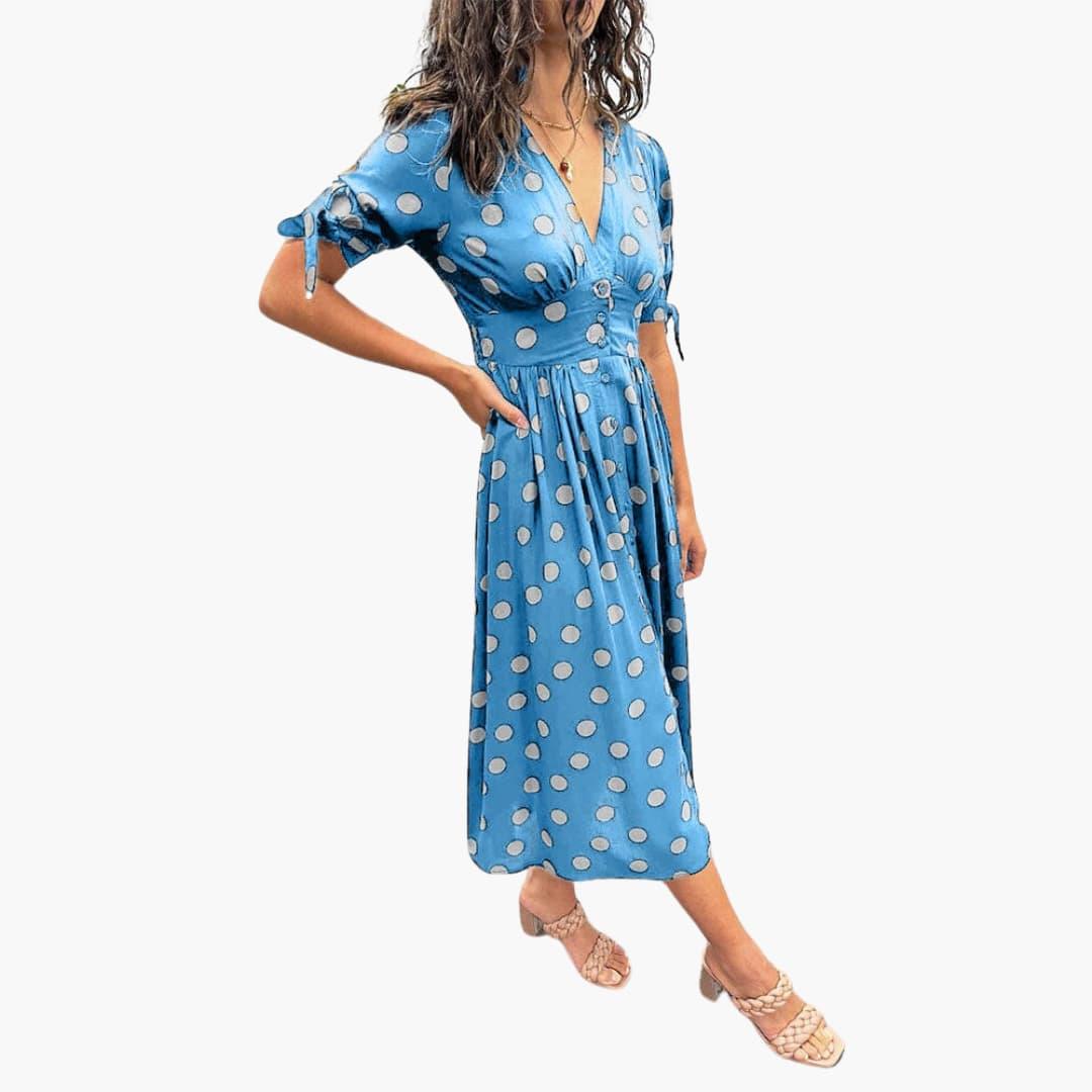 Damen Polka Dots Kleid – Midi Sommerkleid mit Knöpfen