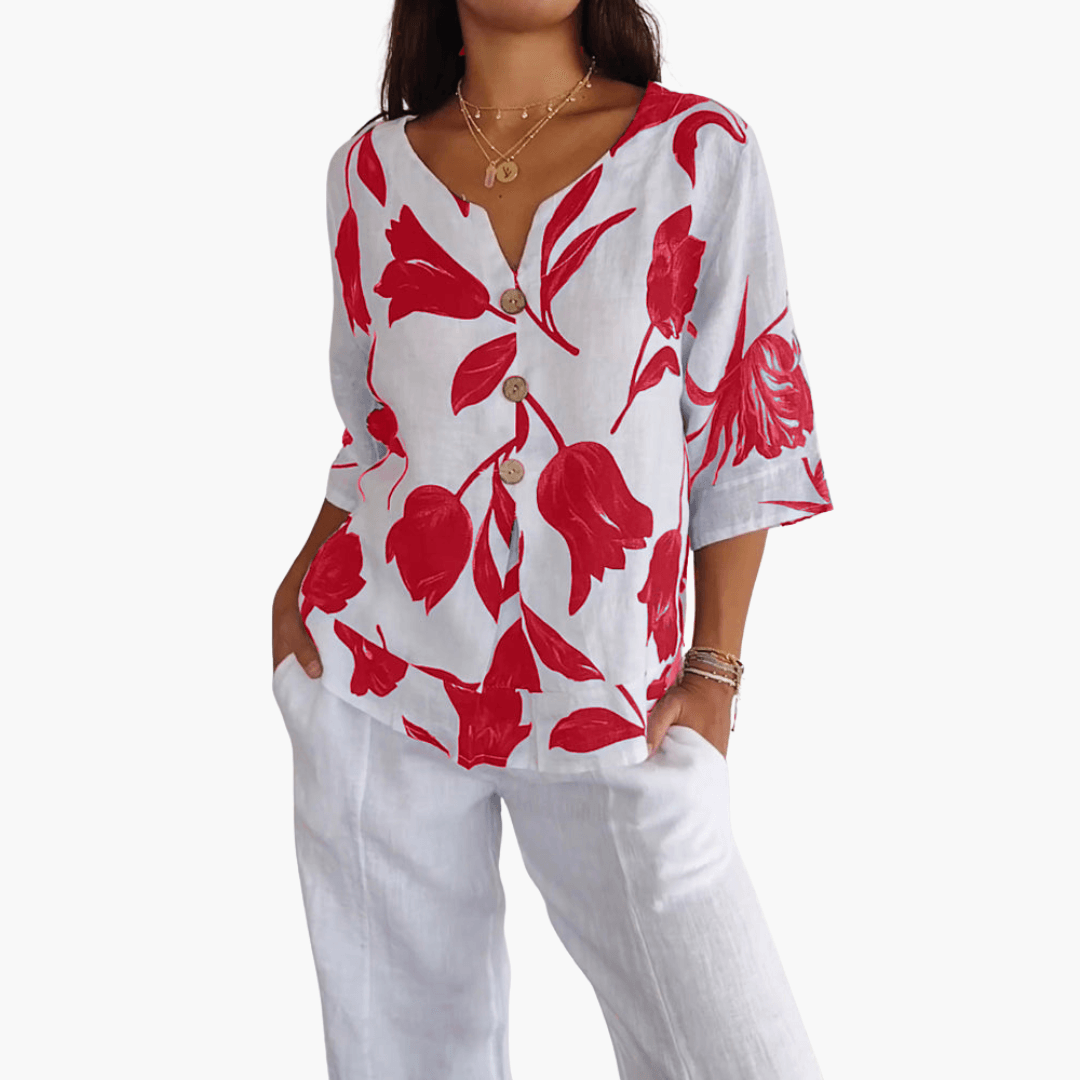 Damen Bluse mit Blumenmuster – Sommer V-Ausschnitt Top