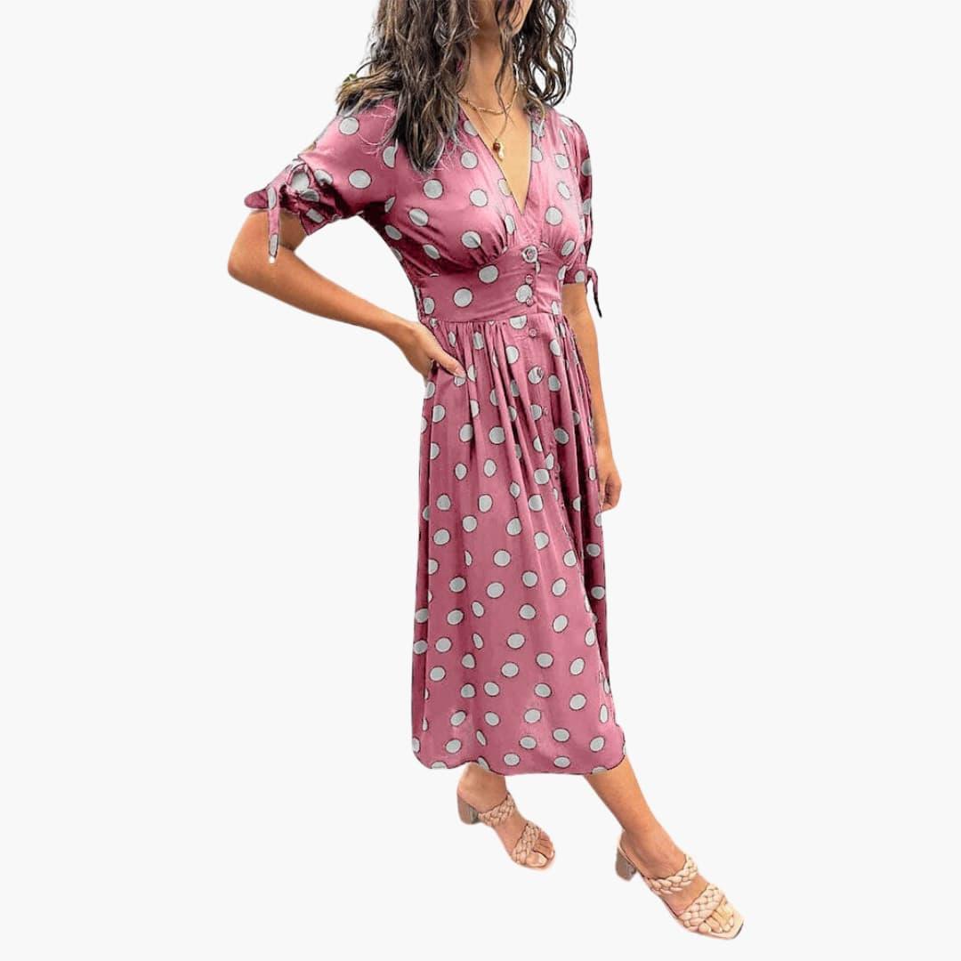 Damen Polka Dots Kleid – Midi Sommerkleid mit Knöpfen