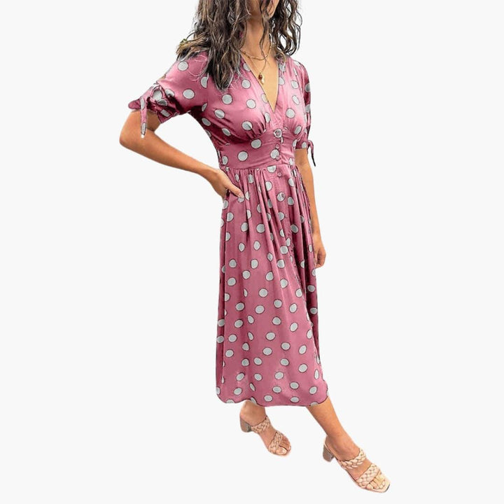 Damen Polka Dots Kleid – Midi Sommerkleid mit Knöpfen