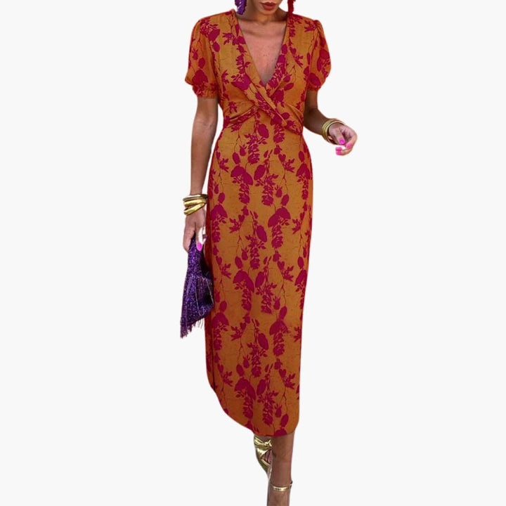 Damen Blumenkleid im Wickelstil – Sommerkleid mit V-Ausschnitt