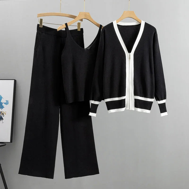 Dreiteiliges Strickset mit Kontrast für Damen